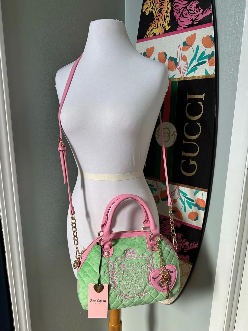 NWT Juicy Tale Juicy Couture Pink & Mint Green Quilted Satchel Crossbody Y2K Bag